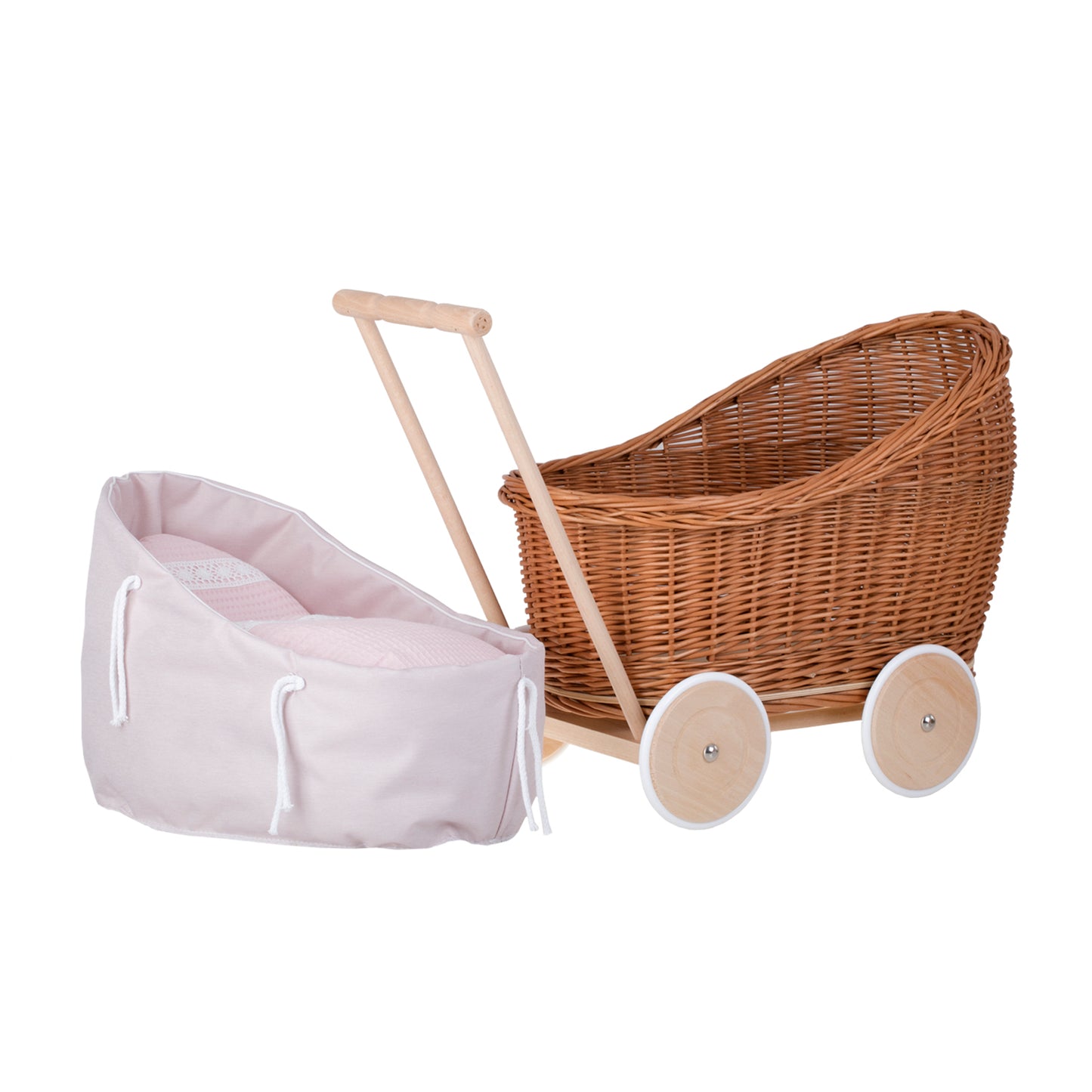 Luna wicker doll stroller with pink trim, blanket, and pillow