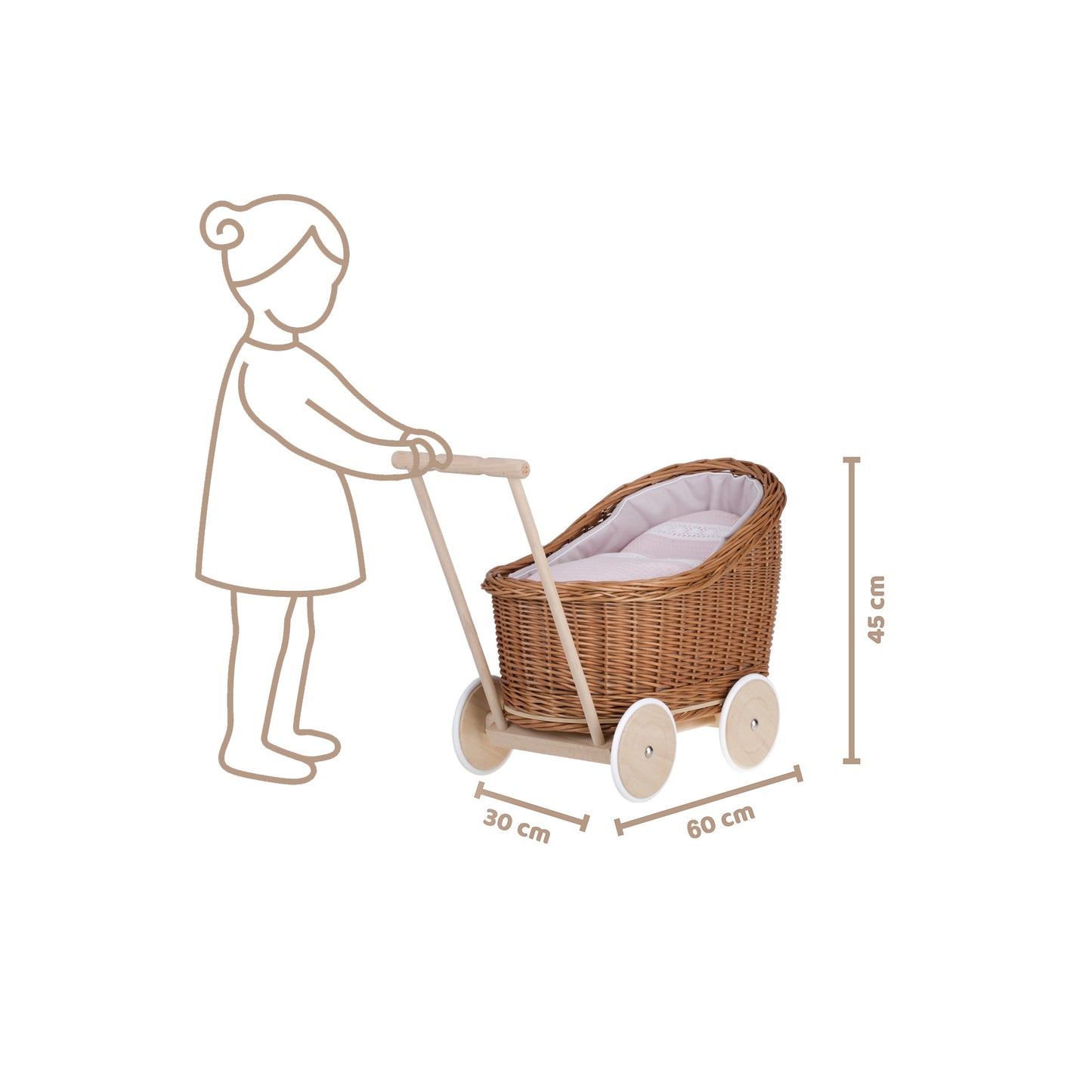 Luna wicker doll stroller with pink trim, blanket, and pillow