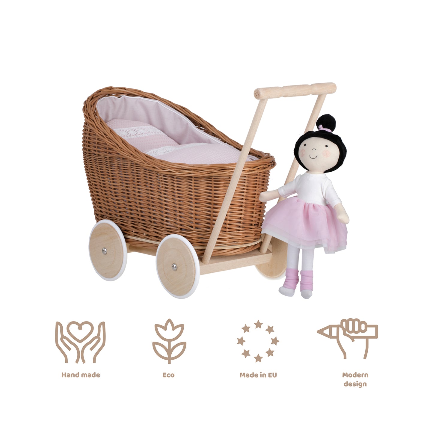 Luna wicker doll stroller with pink trim, blanket, and pillow