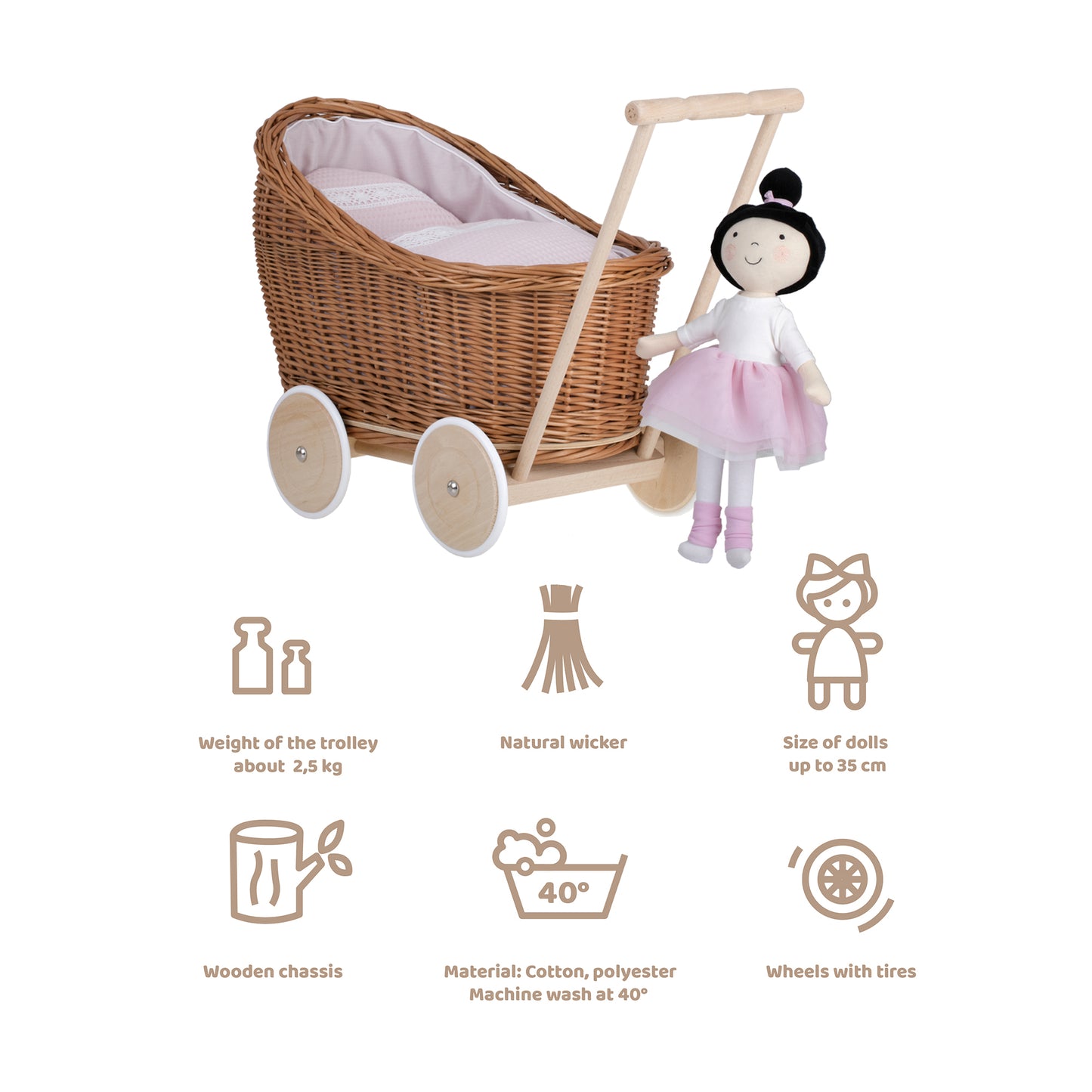 Luna wicker doll stroller with pink trim, blanket, and pillow