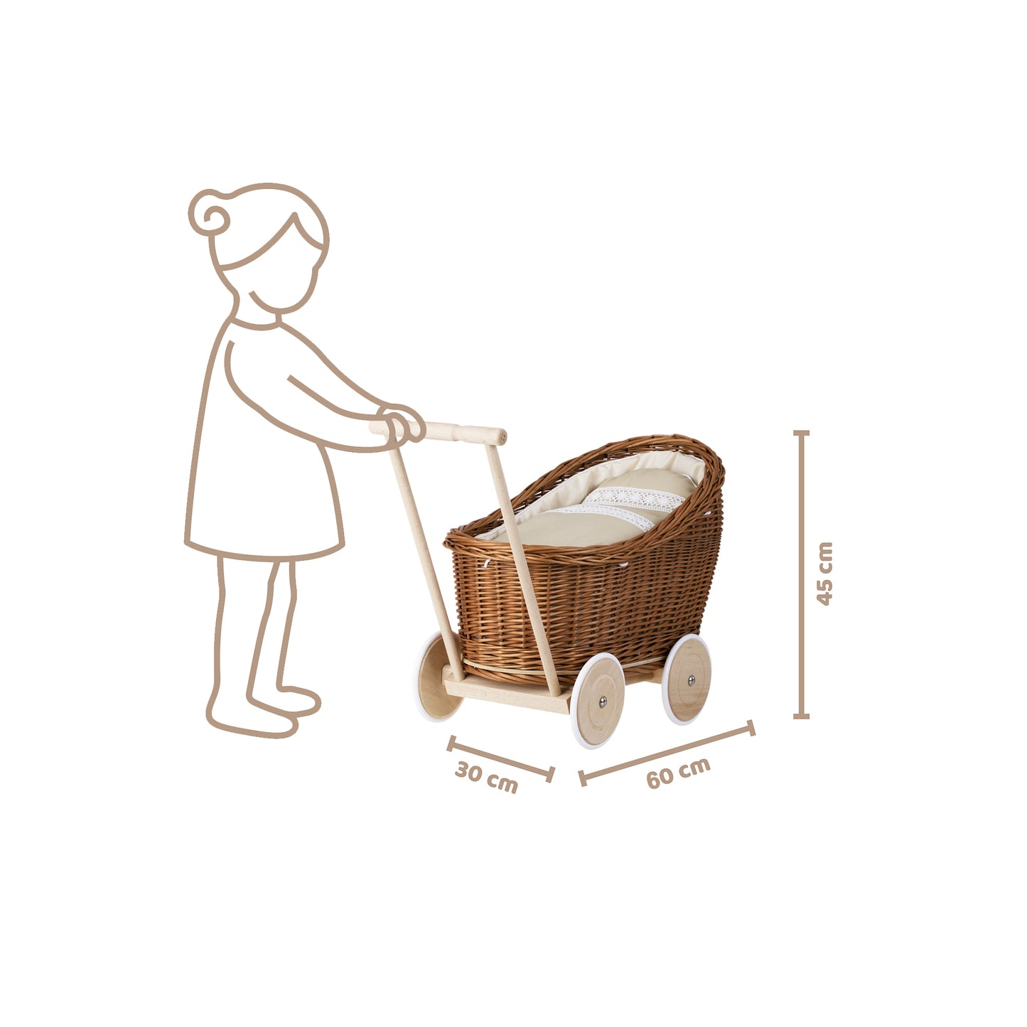 Luna punottu nukkekärry beige-reunuksilla, peitolla ja tyynyllä