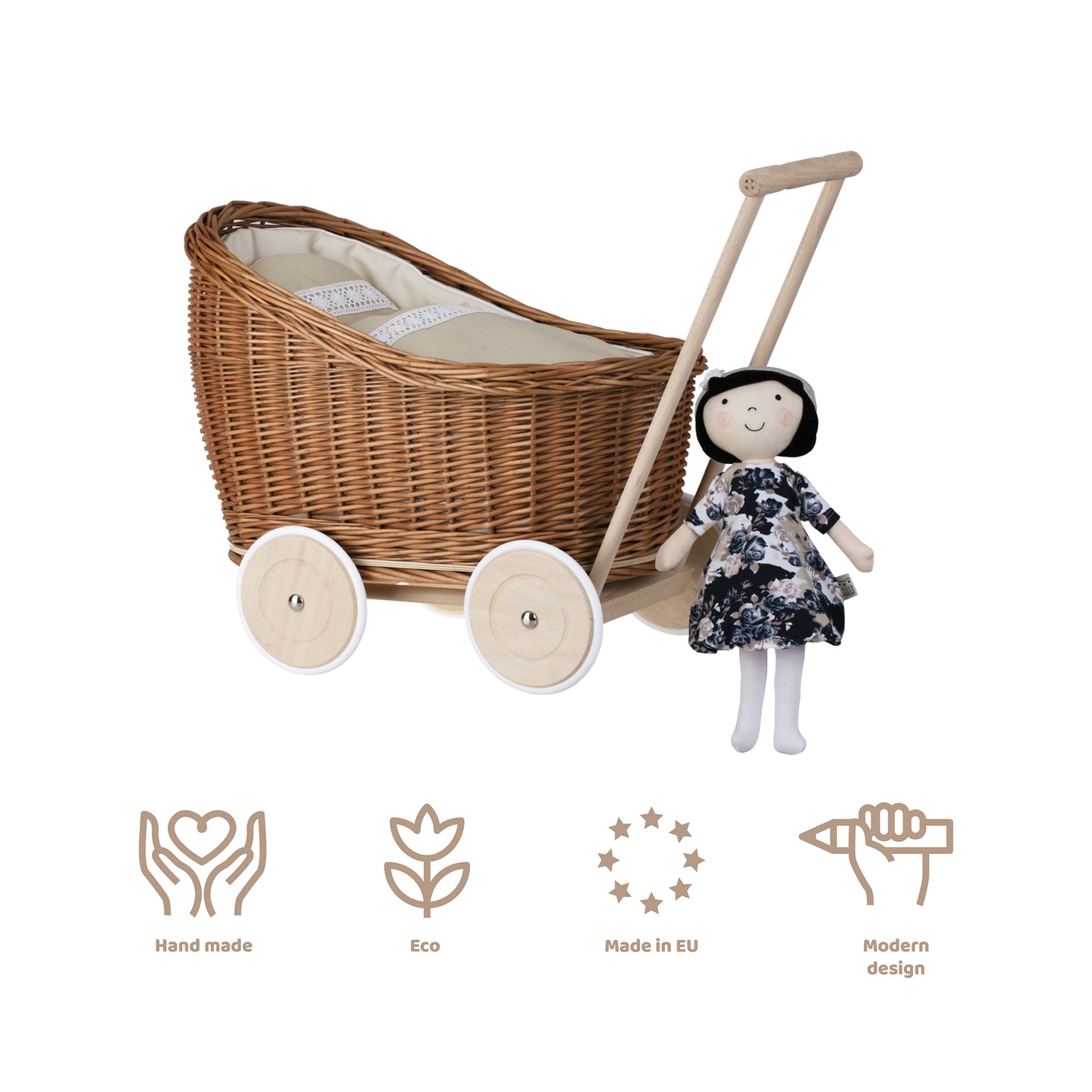 Luna punottu nukkekärry beige-reunuksilla, peitolla ja tyynyllä