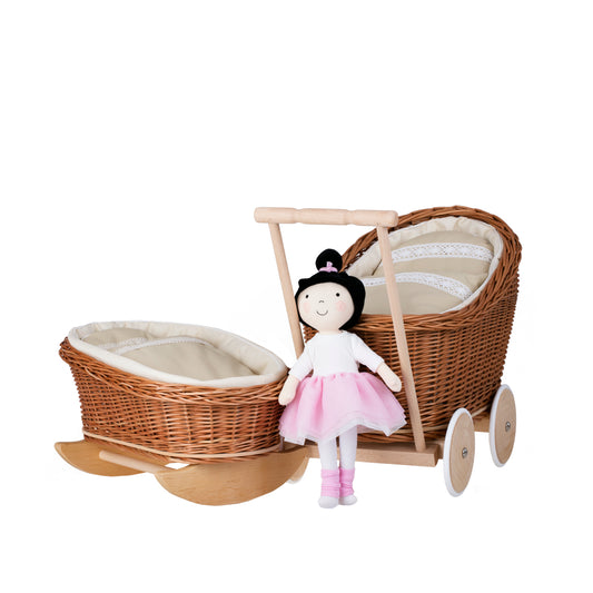 wicker stroller and doll cradle with beige trim, blanket, and pillow