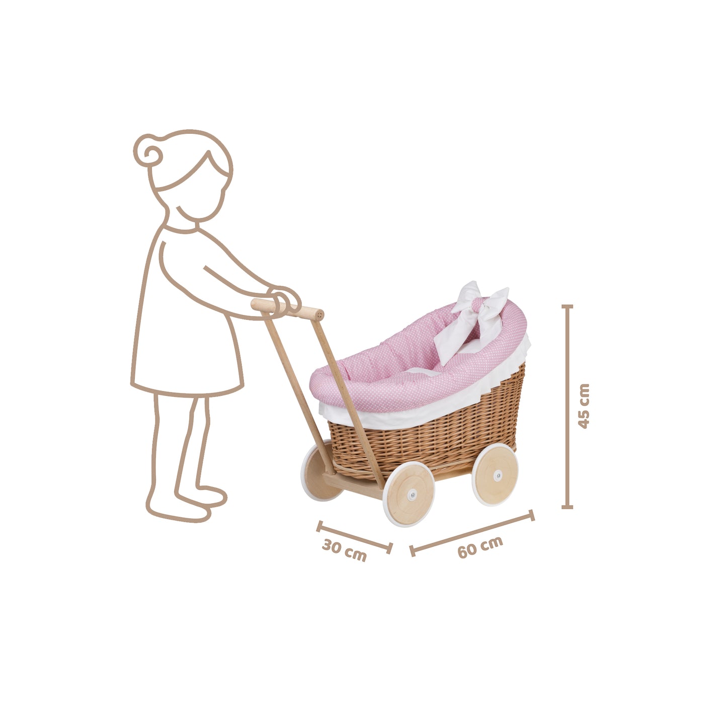 Luna wicker doll stroller with pink trim, blanket, and pillow
