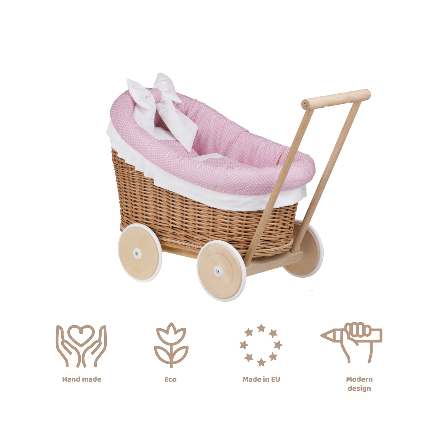 Luna wicker doll stroller with pink trim, blanket, and pillow