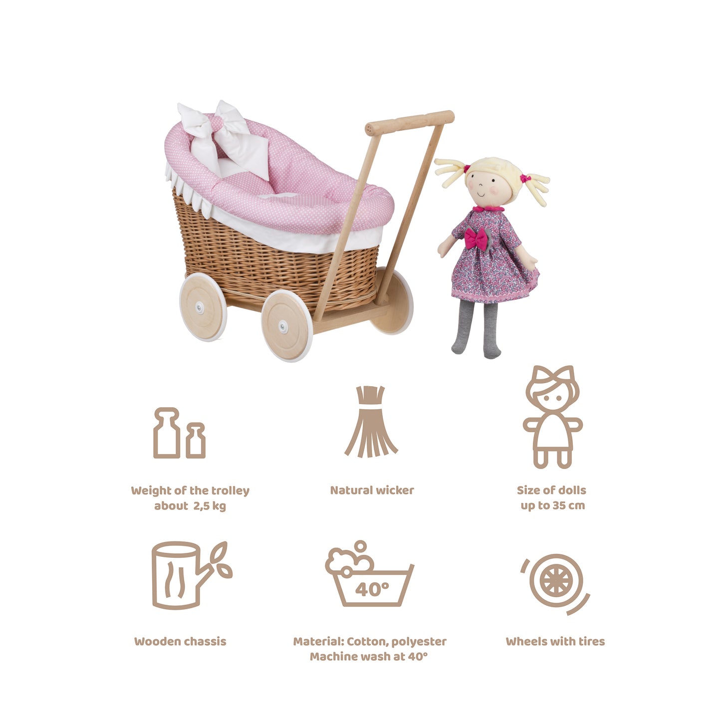 Luna wicker doll stroller with pink trim, blanket, and pillow