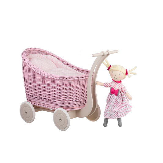 poussette en osier pour poupée avec bordure rose, couverture et coussin