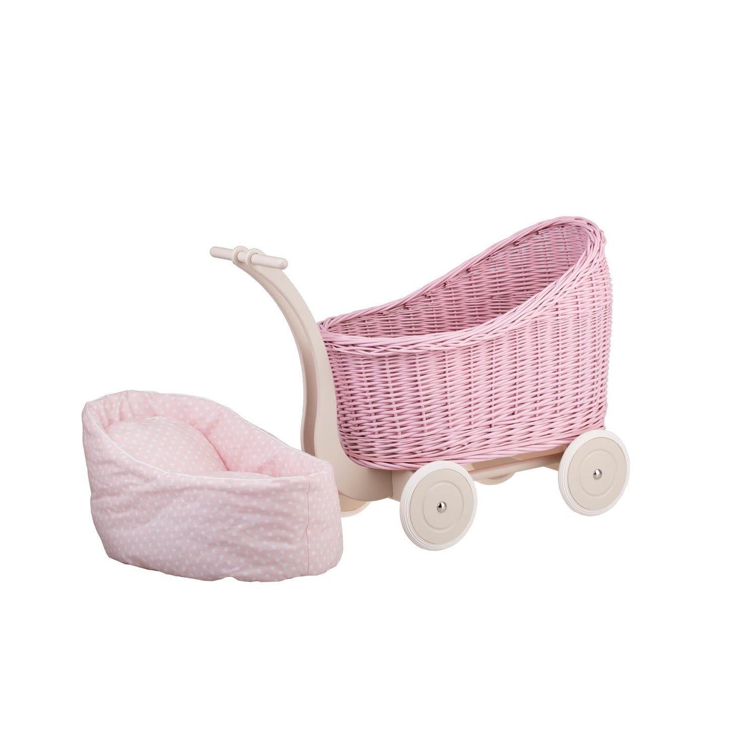 Luna carrozzina in vimini per bambole con rifinitura rosa, copertina e cuscino TheWickerStories