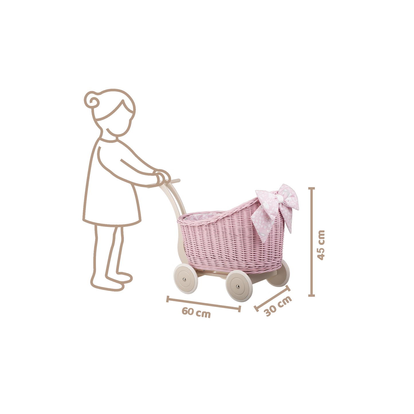 Luna carrozzina in vimini per bambole con rifinitura rosa, copertina e cuscino