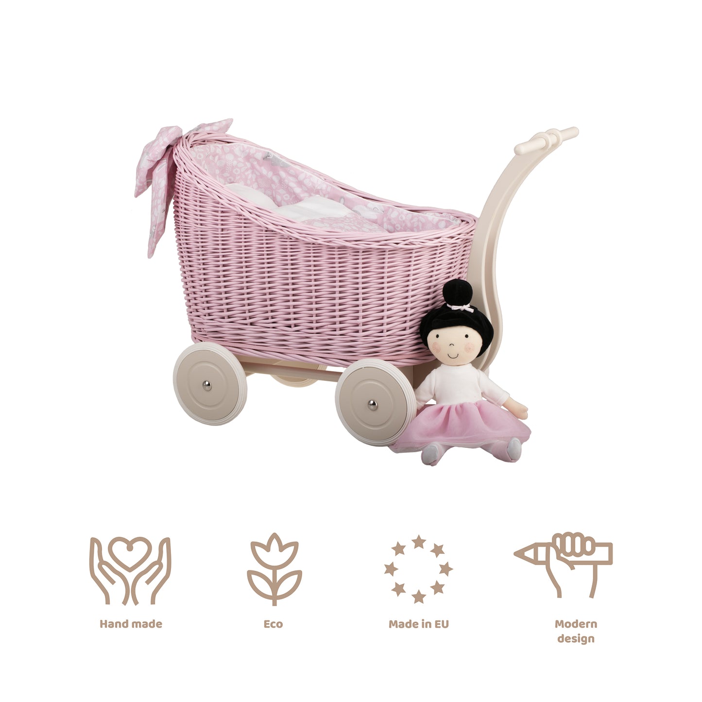 Luna carrozzina in vimini per bambole con rifinitura rosa, copertina e cuscino