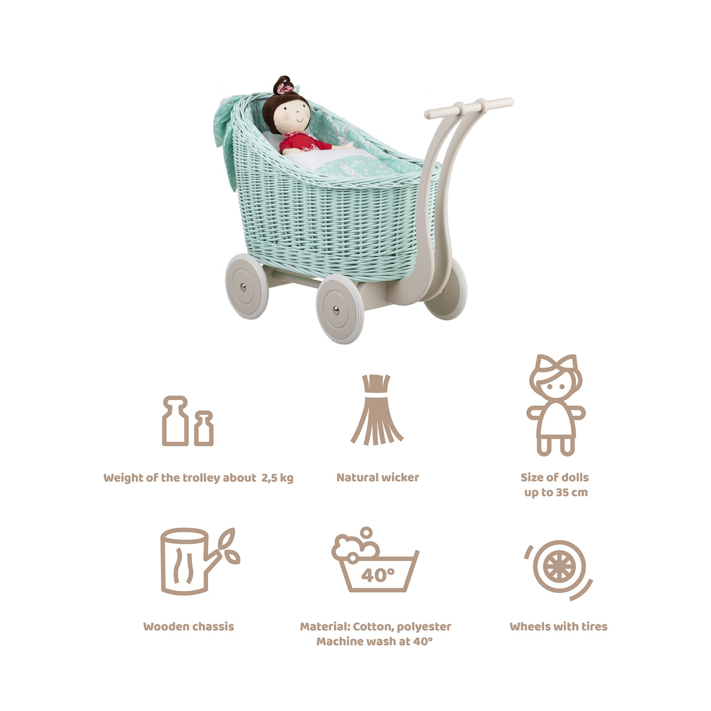 Luna wicker doll stroller with mint trim, blanket, and pillow