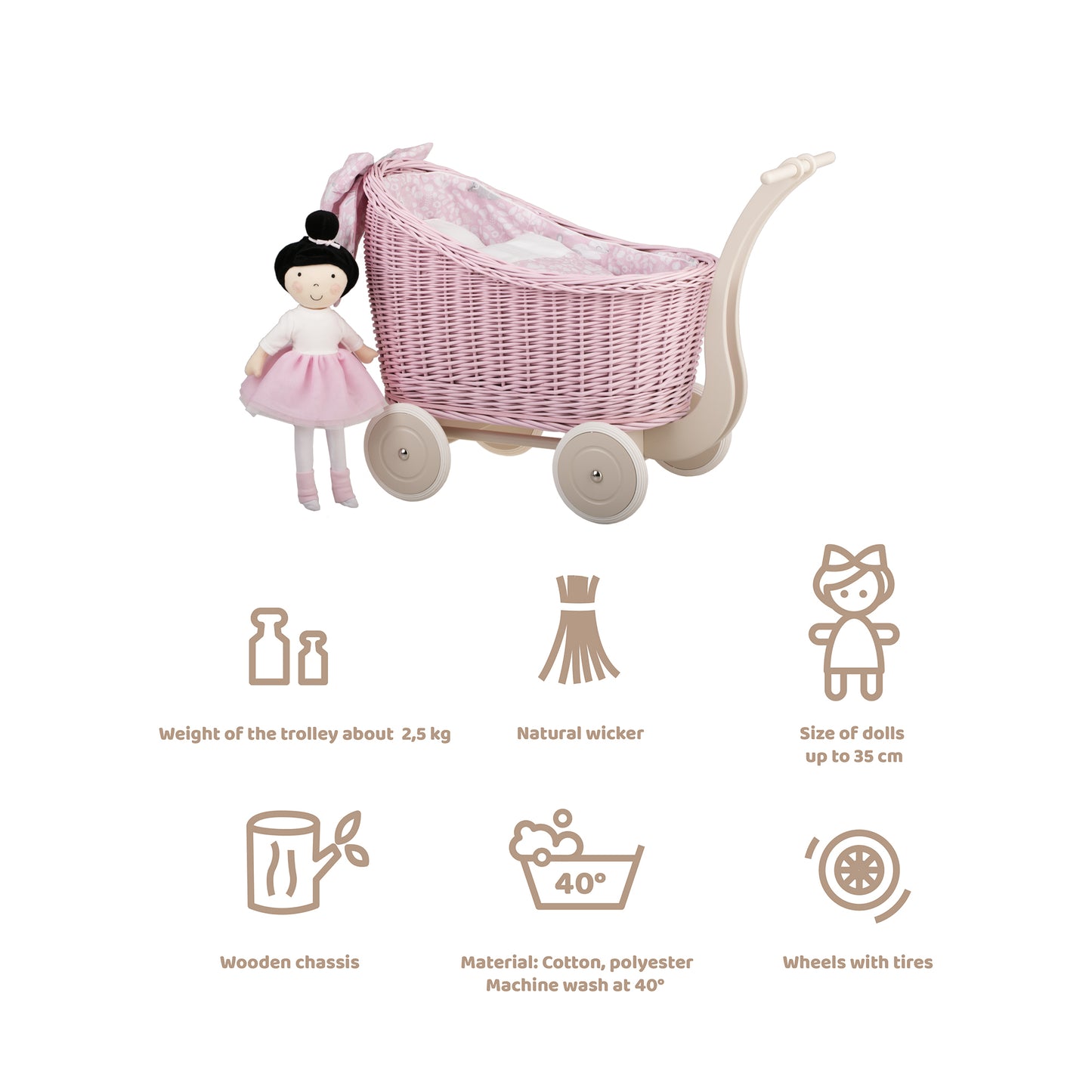 Luna carrozzina in vimini per bambole con rifinitura rosa, copertina e cuscino