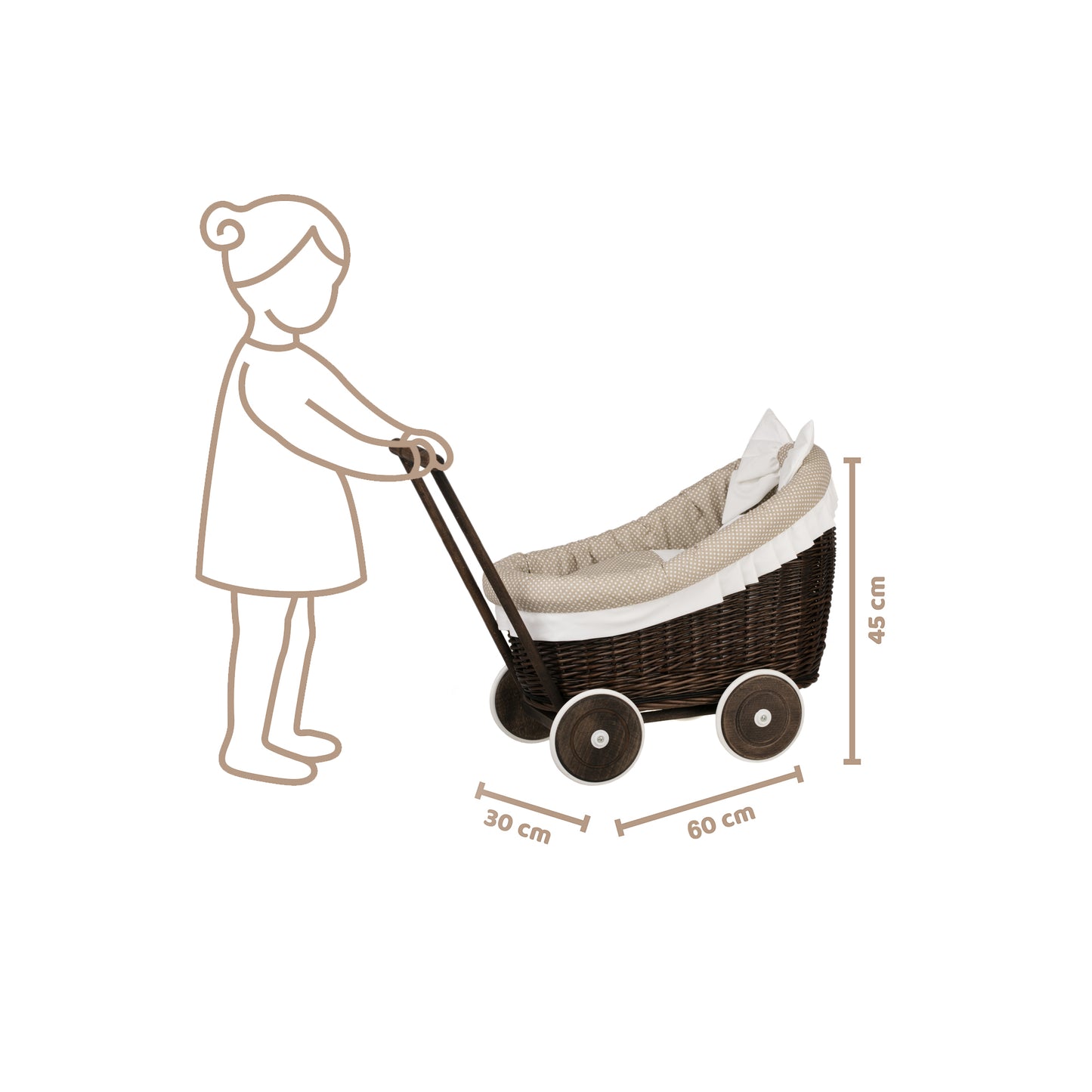 Luna wicker doll stroller with beige trim, blanket, and pillow