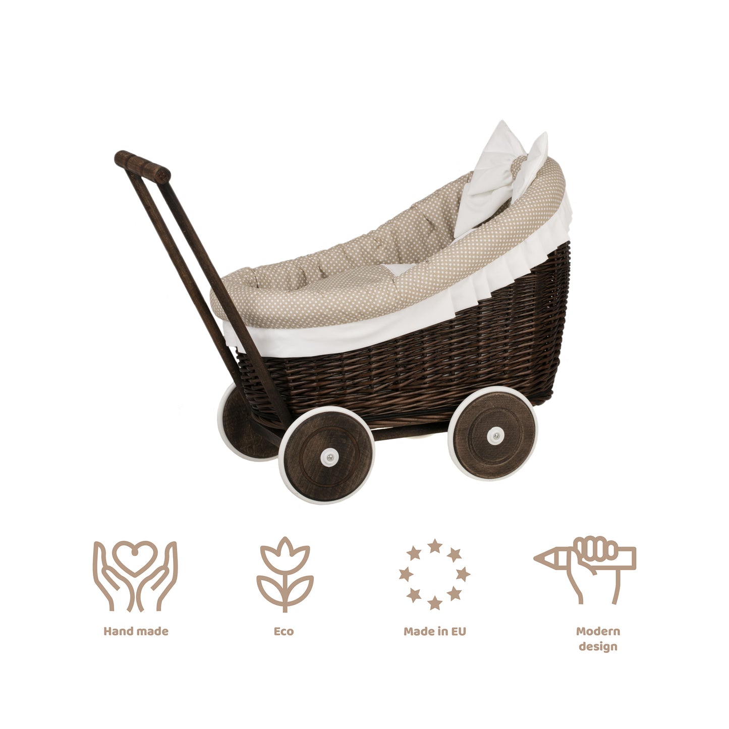 Luna wicker doll stroller with beige trim, blanket, and pillow