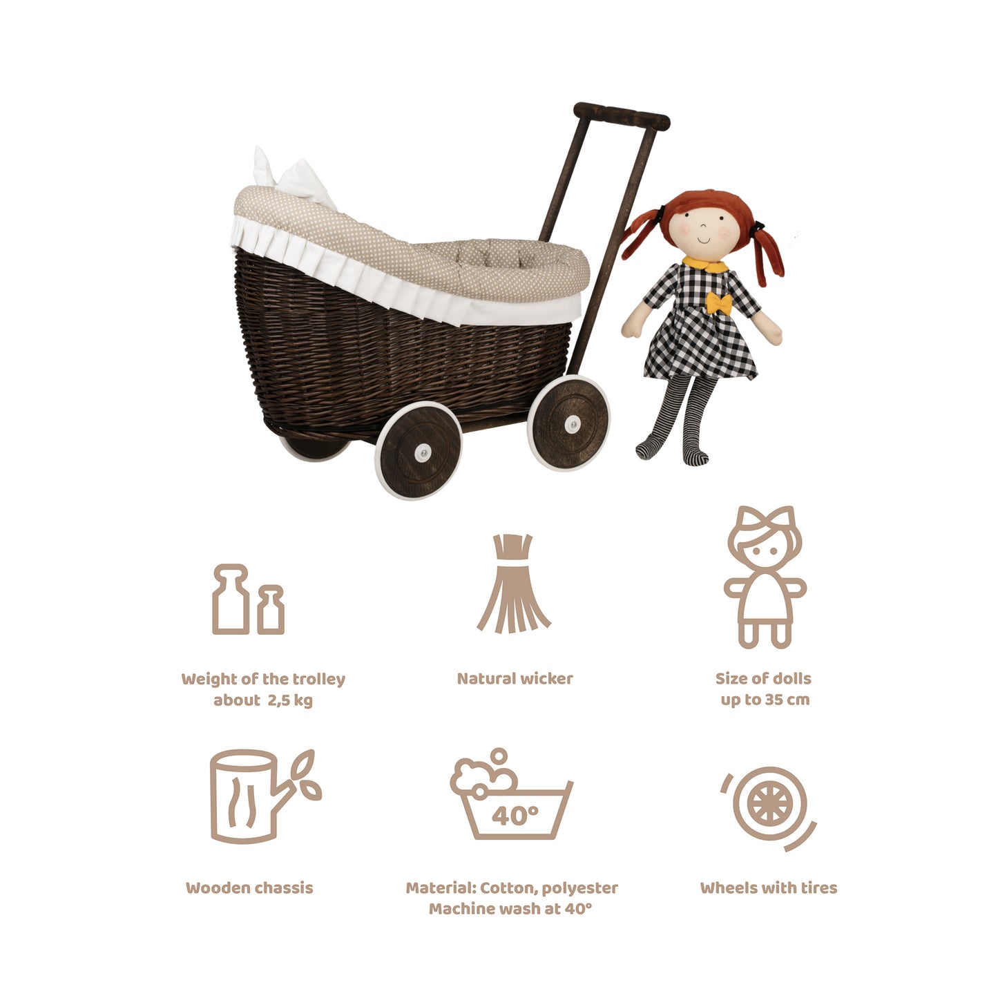 Luna wicker doll stroller with beige trim, blanket, and pillow