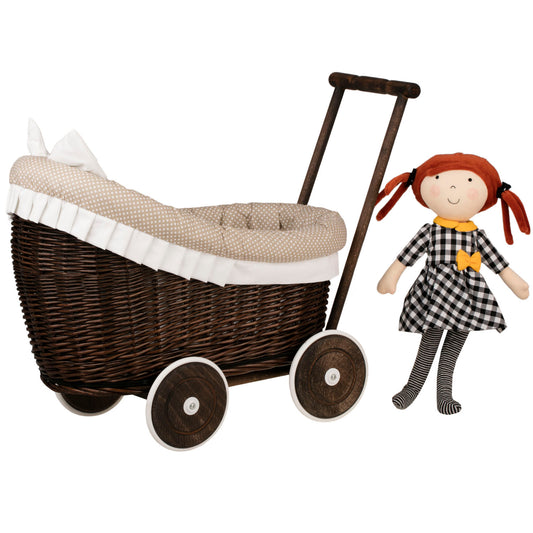 wicker doll stroller with beige trim, blanket and pillow