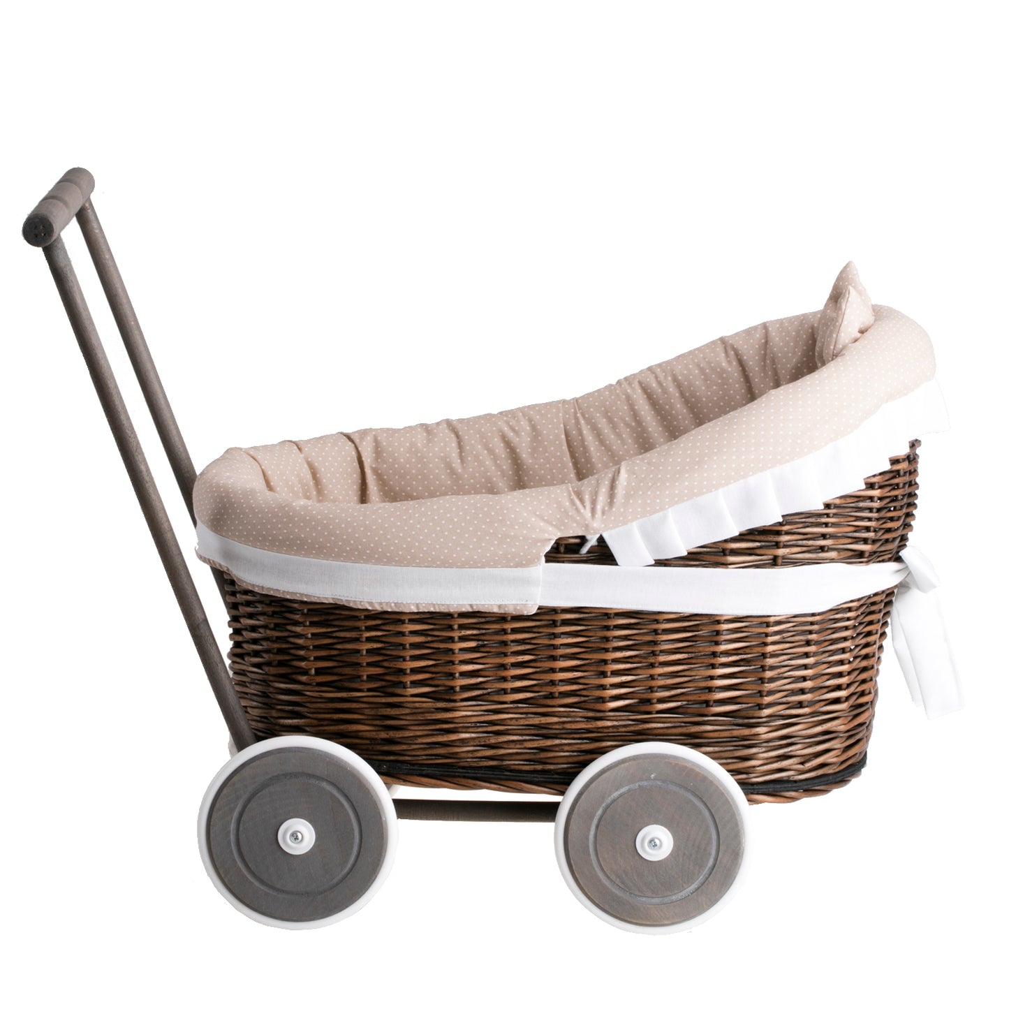 Luna wicker doll stroller with beige trim, blanket, and pillow