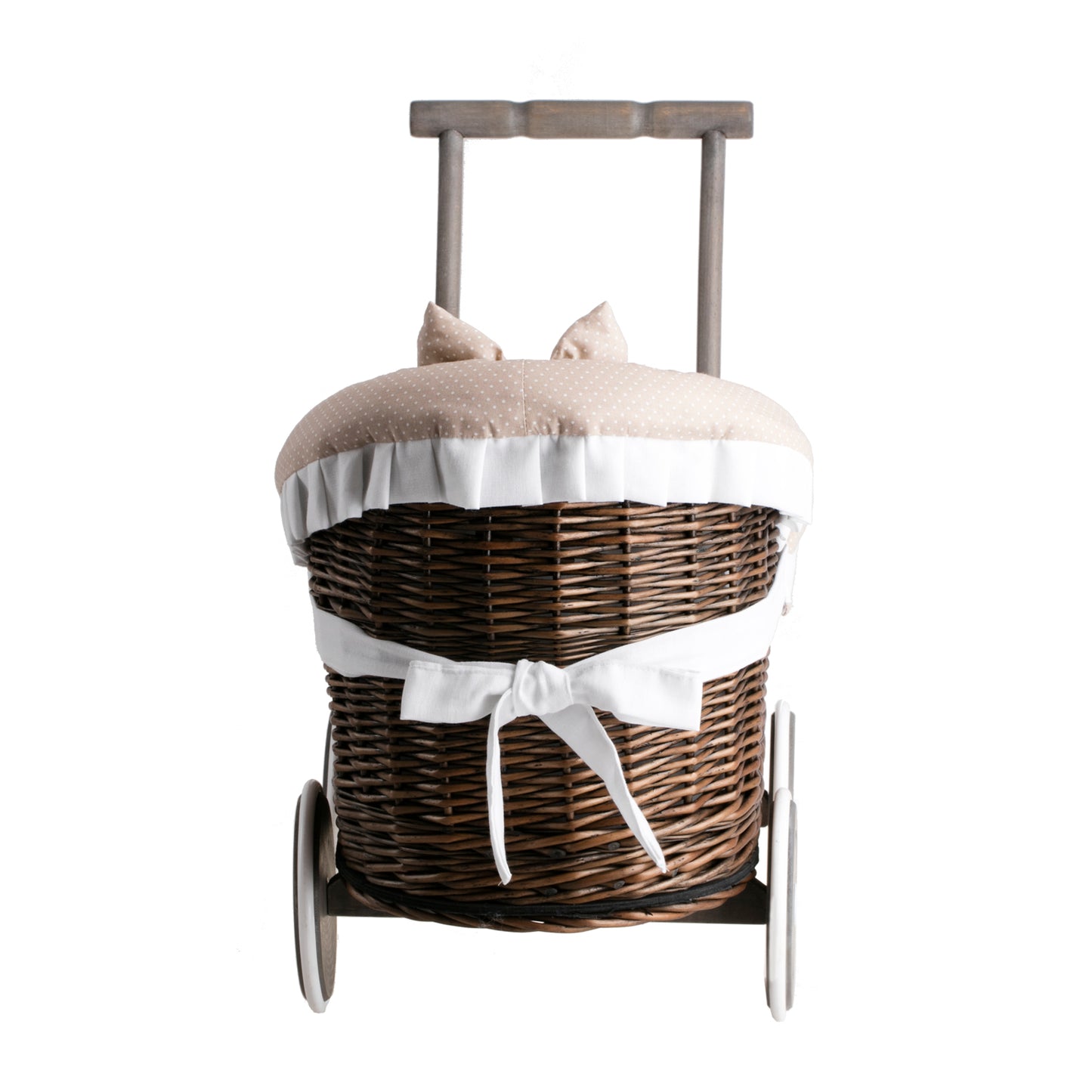 Luna wicker doll stroller with beige trim, blanket, and pillow