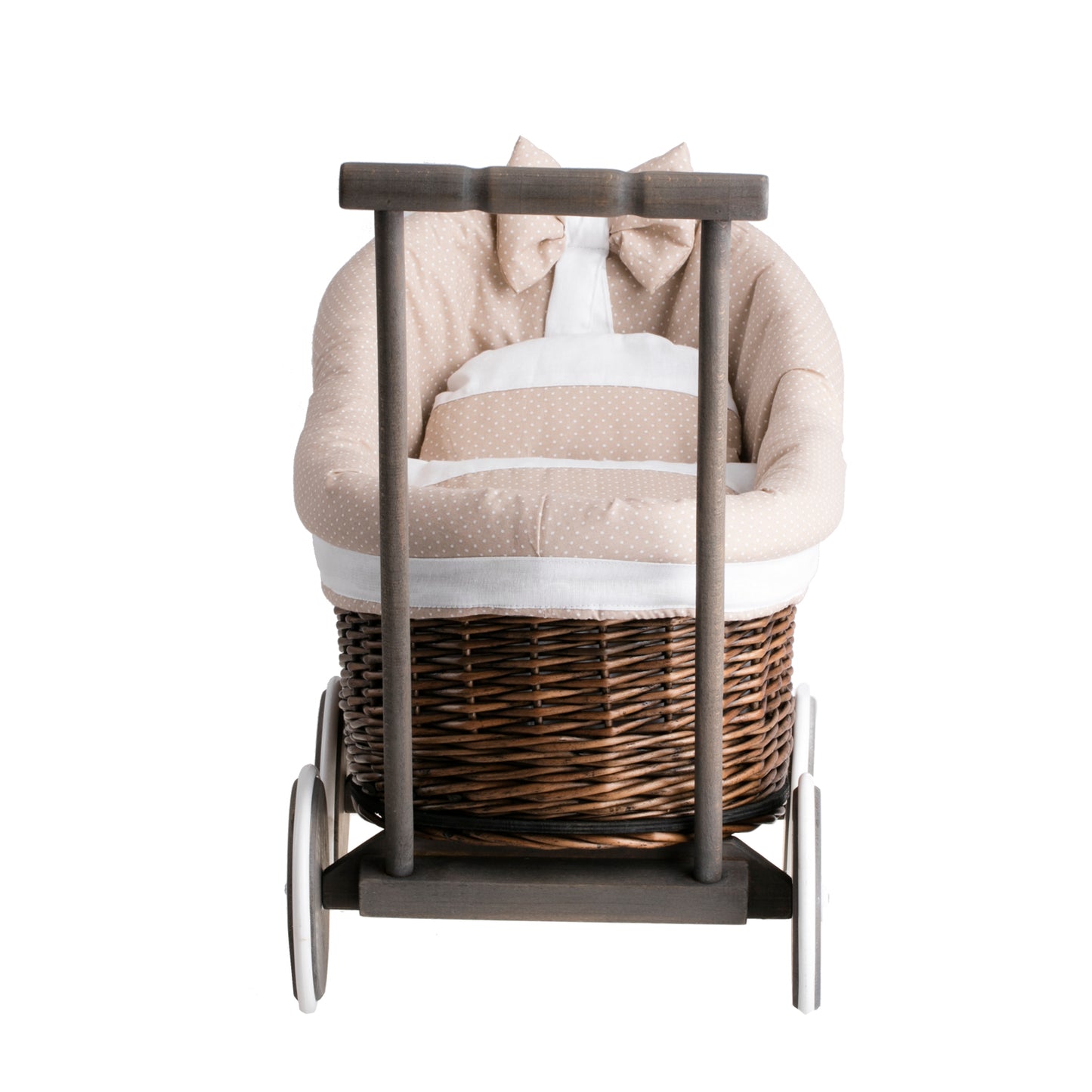 Luna wicker doll stroller with beige trim, blanket, and pillow
