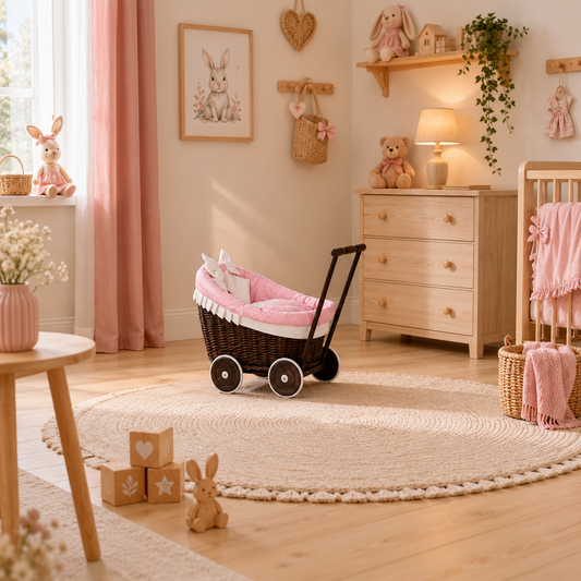 wicker doll stroller with pink trim, blanket and pillow