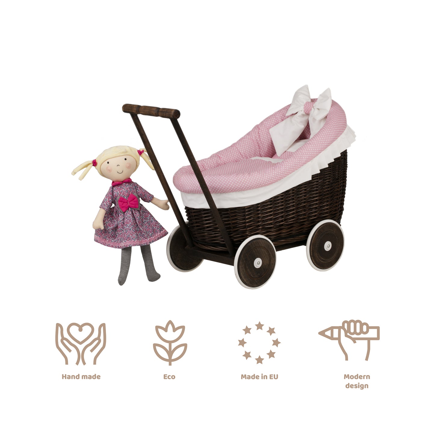 Luna carrozzina in vimini per bambole con rifinitura rosa, copertina e cuscino