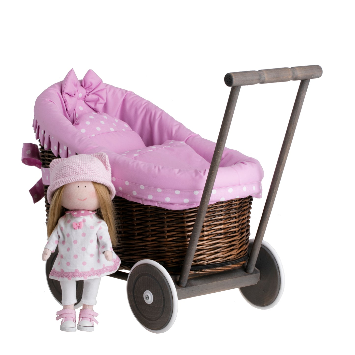 Luna carrozzina in vimini per bambole con rifinitura rosa, copertina e cuscino