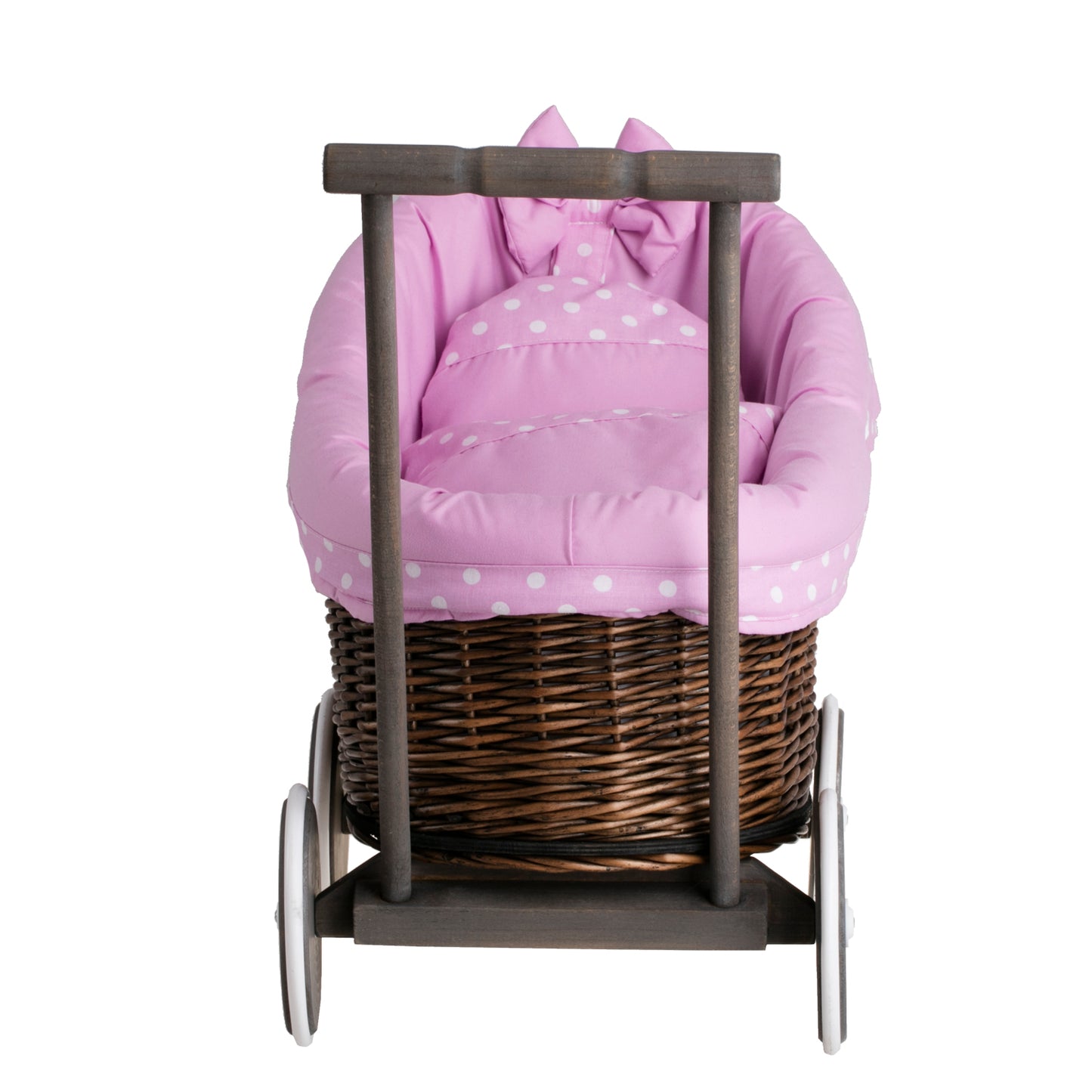 Luna carrozzina in vimini per bambole con rifinitura rosa, copertina e cuscino