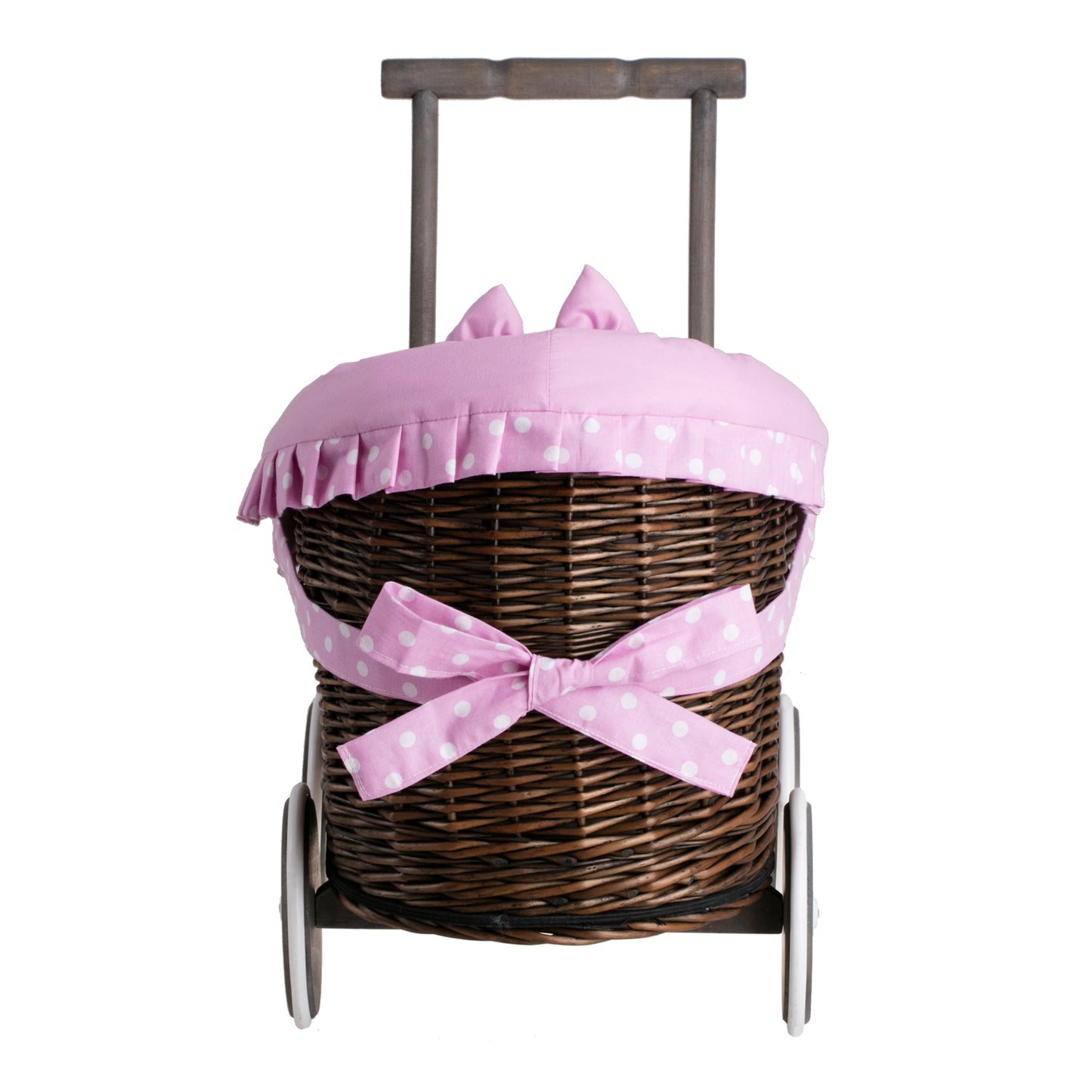 Luna carrozzina in vimini per bambole con rifinitura rosa, copertina e cuscino