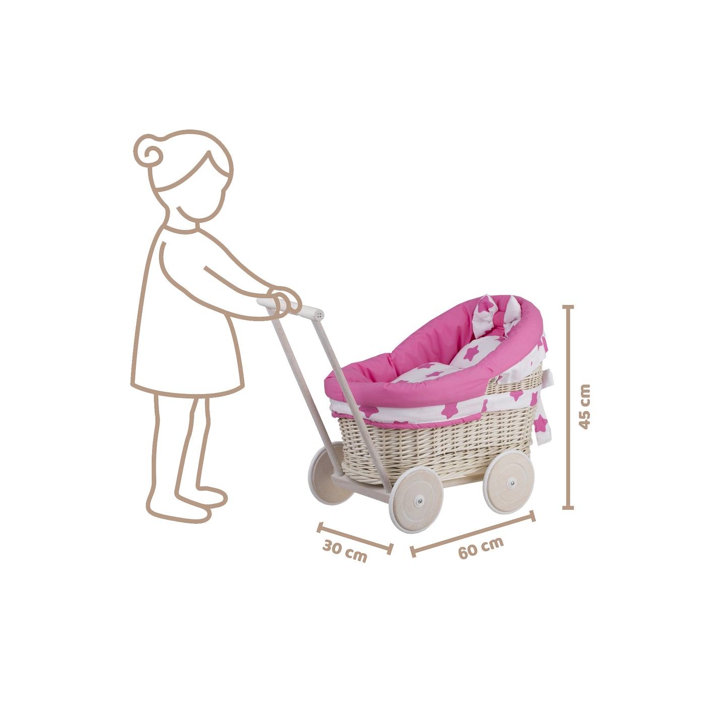 Luna wicker doll stroller with pink trim, blanket, and pillow