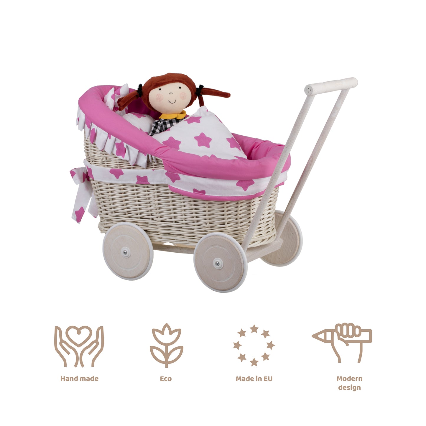 Luna wicker doll stroller with pink trim, blanket, and pillow
