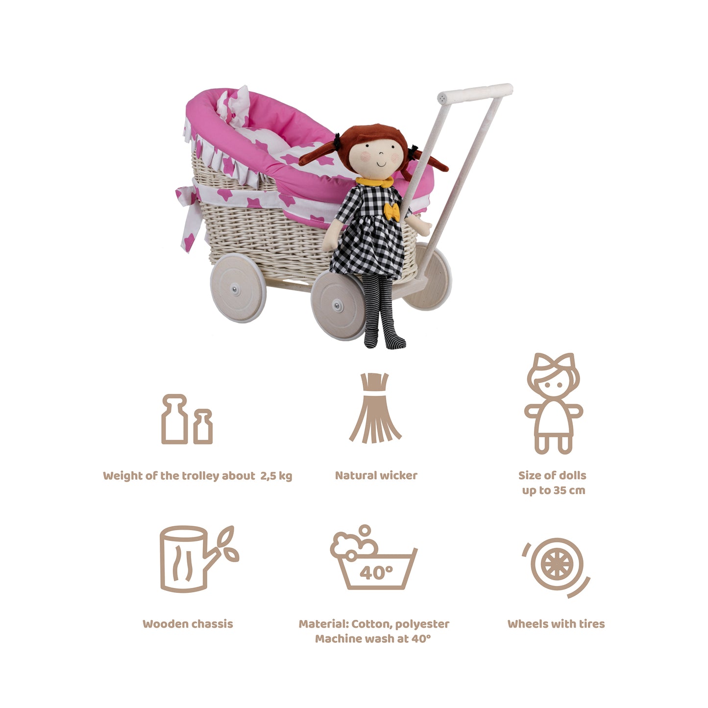 Luna wicker doll stroller with pink trim, blanket, and pillow