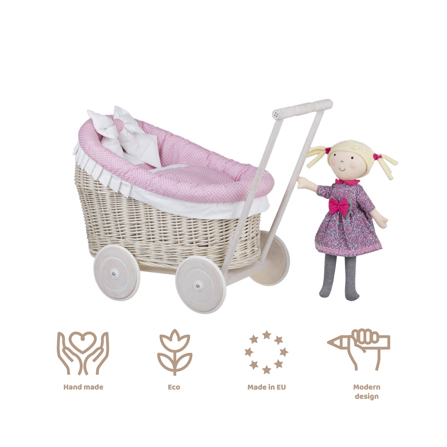 Luna wicker doll stroller with pink trim, blanket, and pillow
