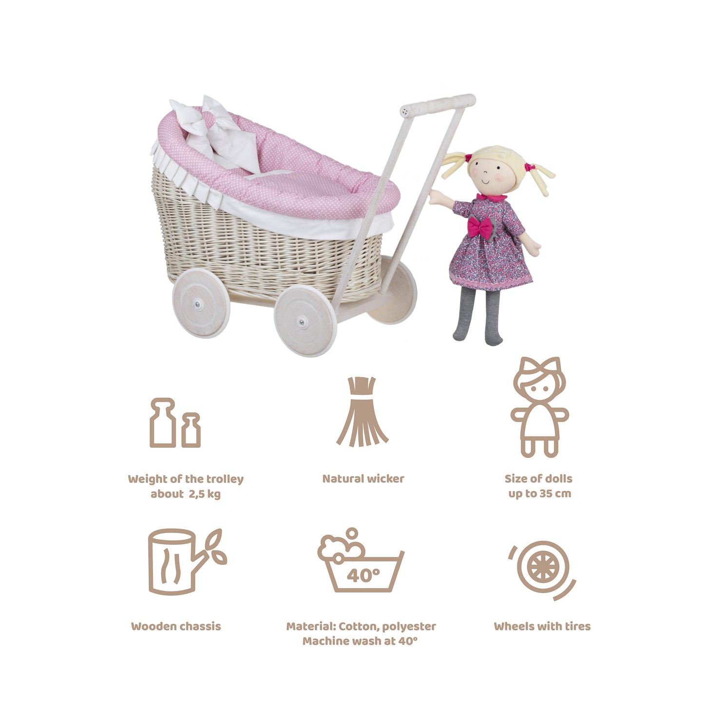 Luna wicker doll stroller with pink trim, blanket, and pillow