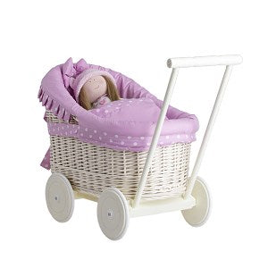 Luna wicker doll stroller with pink trim, blanket, and pillow