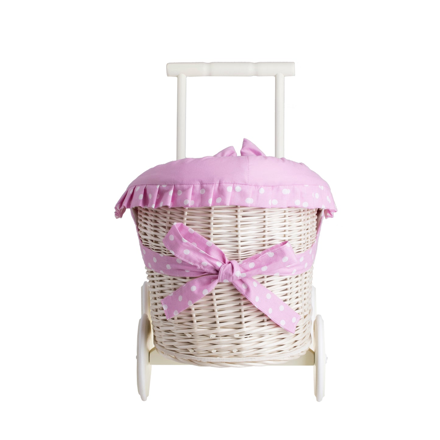Luna wicker doll stroller with pink trim, blanket, and pillow