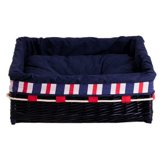 Epimoria wicker basket for dog and cat with navy trim, featuring a removable cushion TheWickerStories