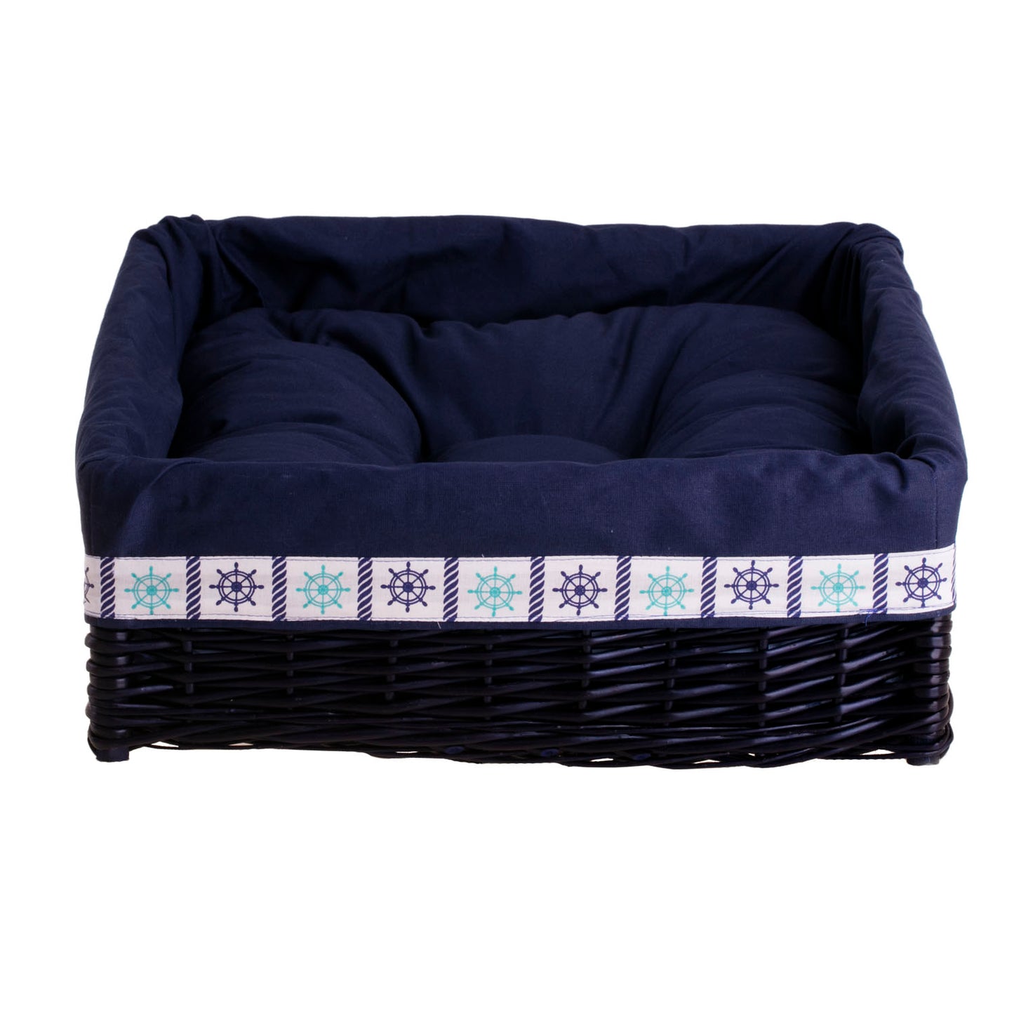 Epimoria cesta de mimbre para perro y gato con ribete azul marino, con cojín suave TheWickerStories