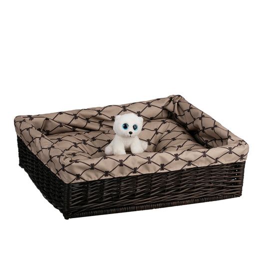 Epimoria Cesto in vimini per cani e gatti con rifinitura beige e cuscino impermeabile TheWickerStories