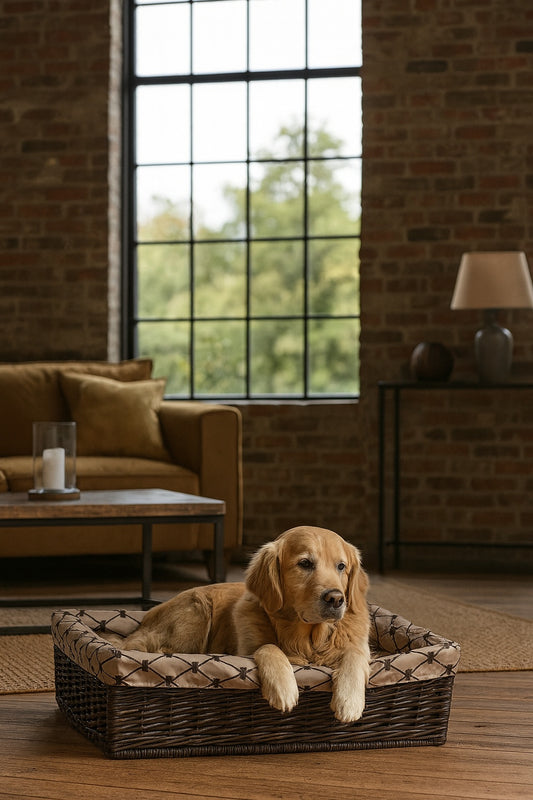 Epimoria Pajukori koiralle ja kissalle, beigenvärisellä reunuksella ja vesitiiviillä tyynyllä TheWickerStories