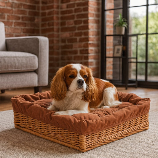 Epimoria wicker basket for dog and cat with brown cushion TheWickerStories