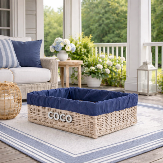 wicker pet bed for dogs and cats with engraving, navy trim and cushion by