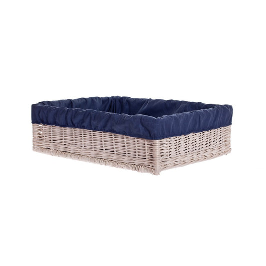 Epimoria wicker pet bed for dogs and cats with navy trim and cushion, featuring a low entry TheWickerStories