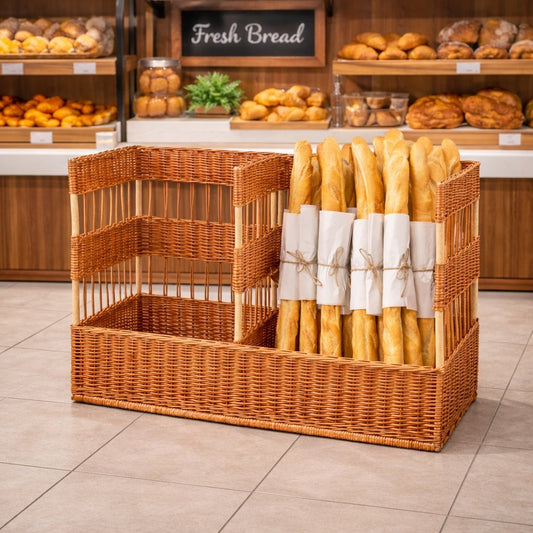 wicker double baguette stand for bread display, freestanding