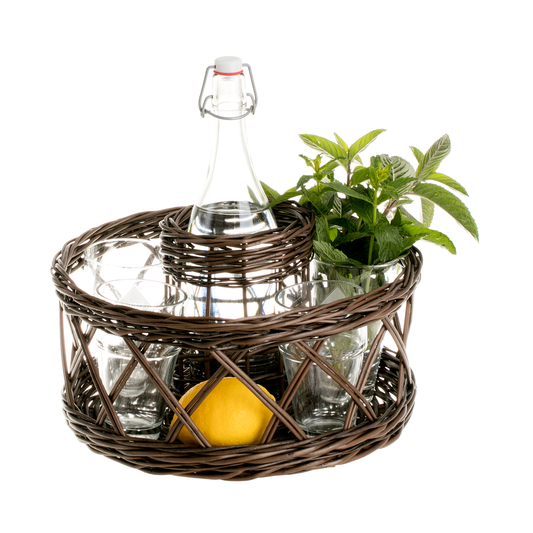 wicker wine serving organizer, for bottle and glasses