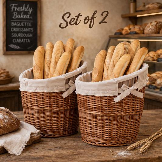 zestaw 2 koszy wiklinowych na bagietki z beżowym obszyciem