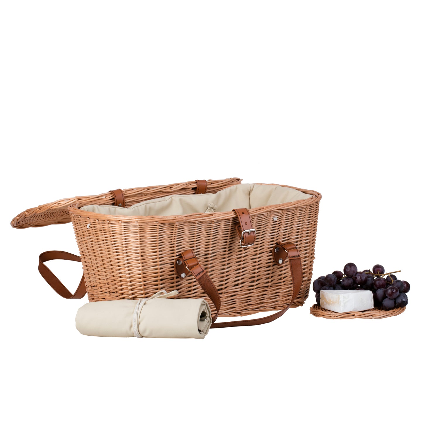 Kivara XXL rieten picknickmand met deksel en leren riemen