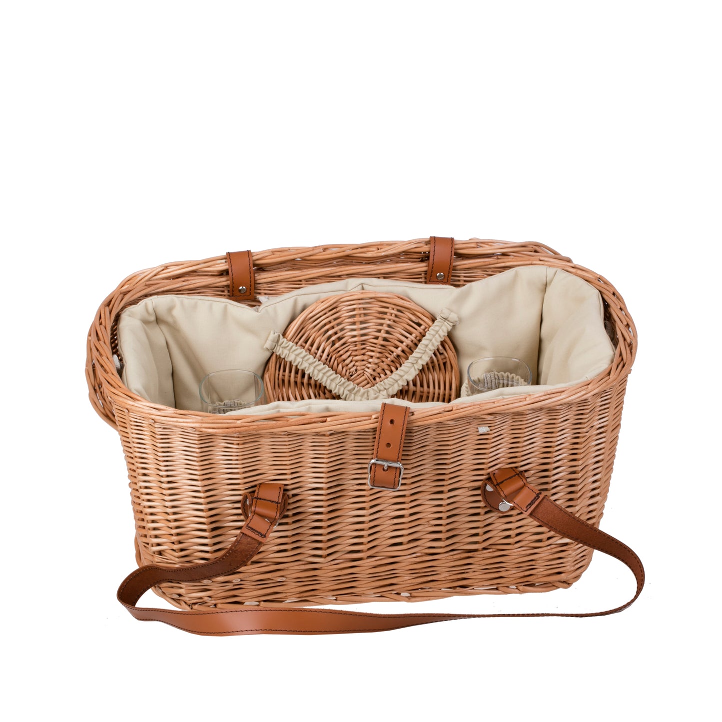 Kivara XXL rieten picknickmand met deksel en leren riemen