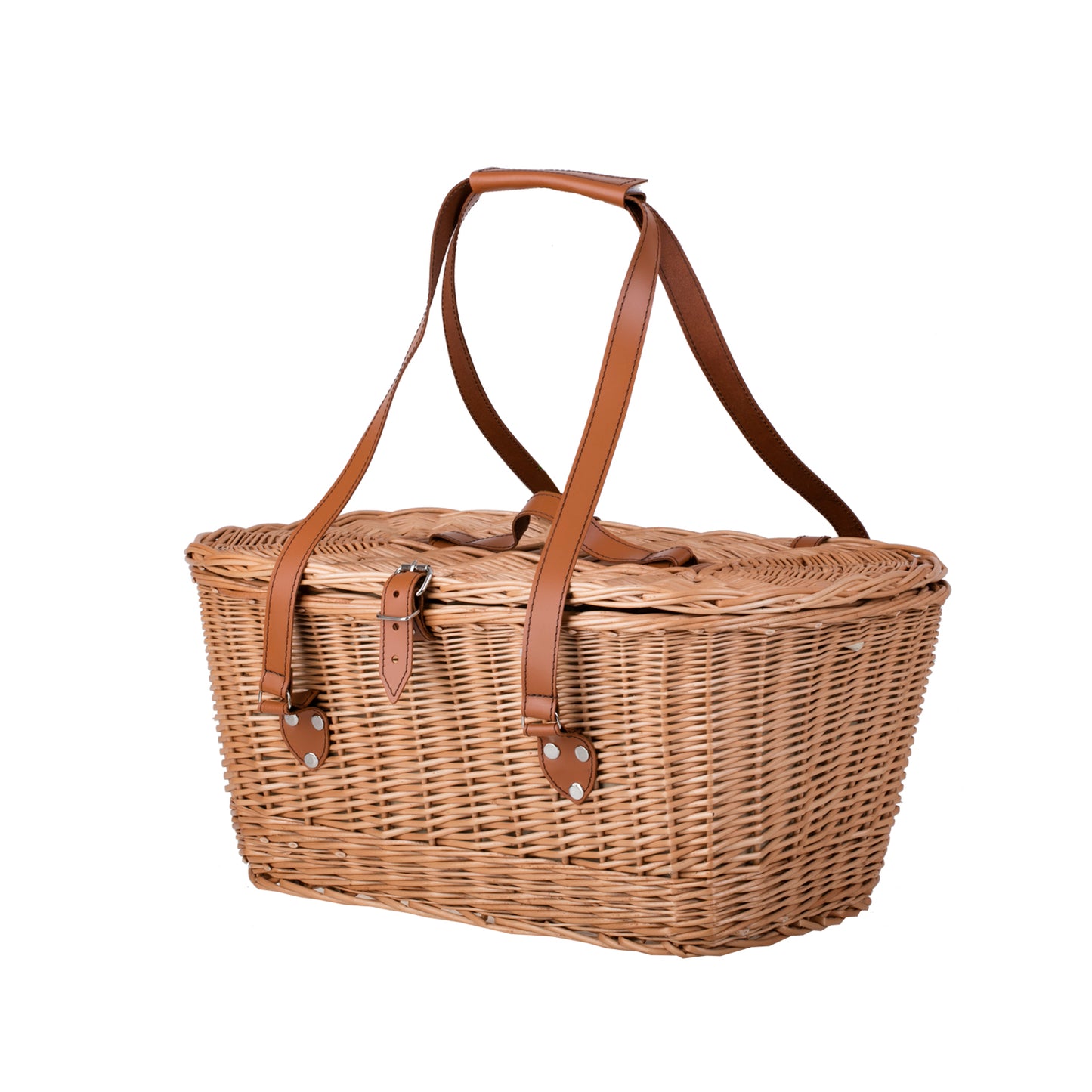 Kivara XXL méretű fonott piknik kosár tetővel és bőr pántokkal TheWickerStories