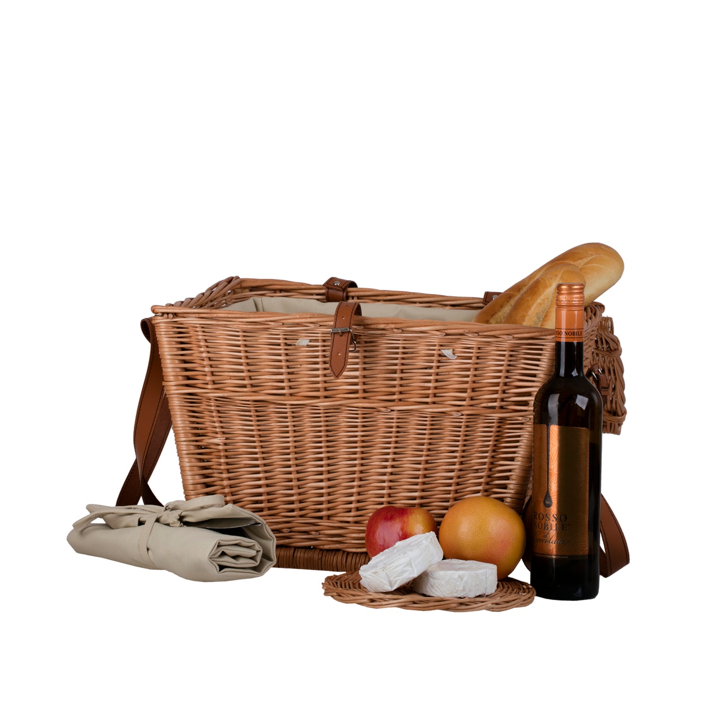 Kaviria Gevlochten rieten picknickmand met deksel en leren riemen