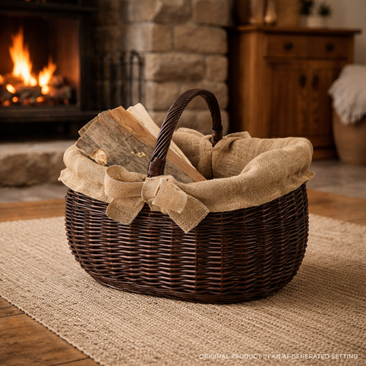 wicker firewood basket with jute trim and handle